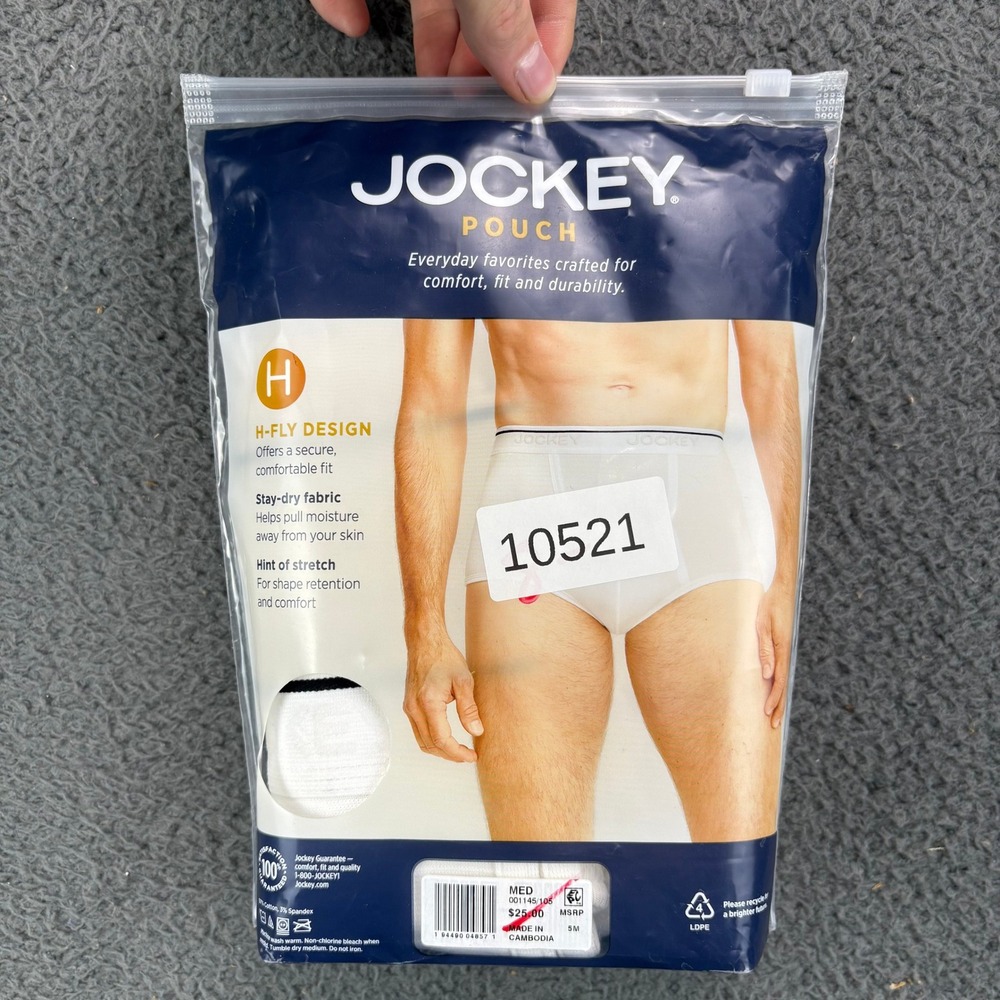 Jockey Mens 3-Pack Pouch H-Fly Full-Rise Briefs White Cotton Stretch Medium